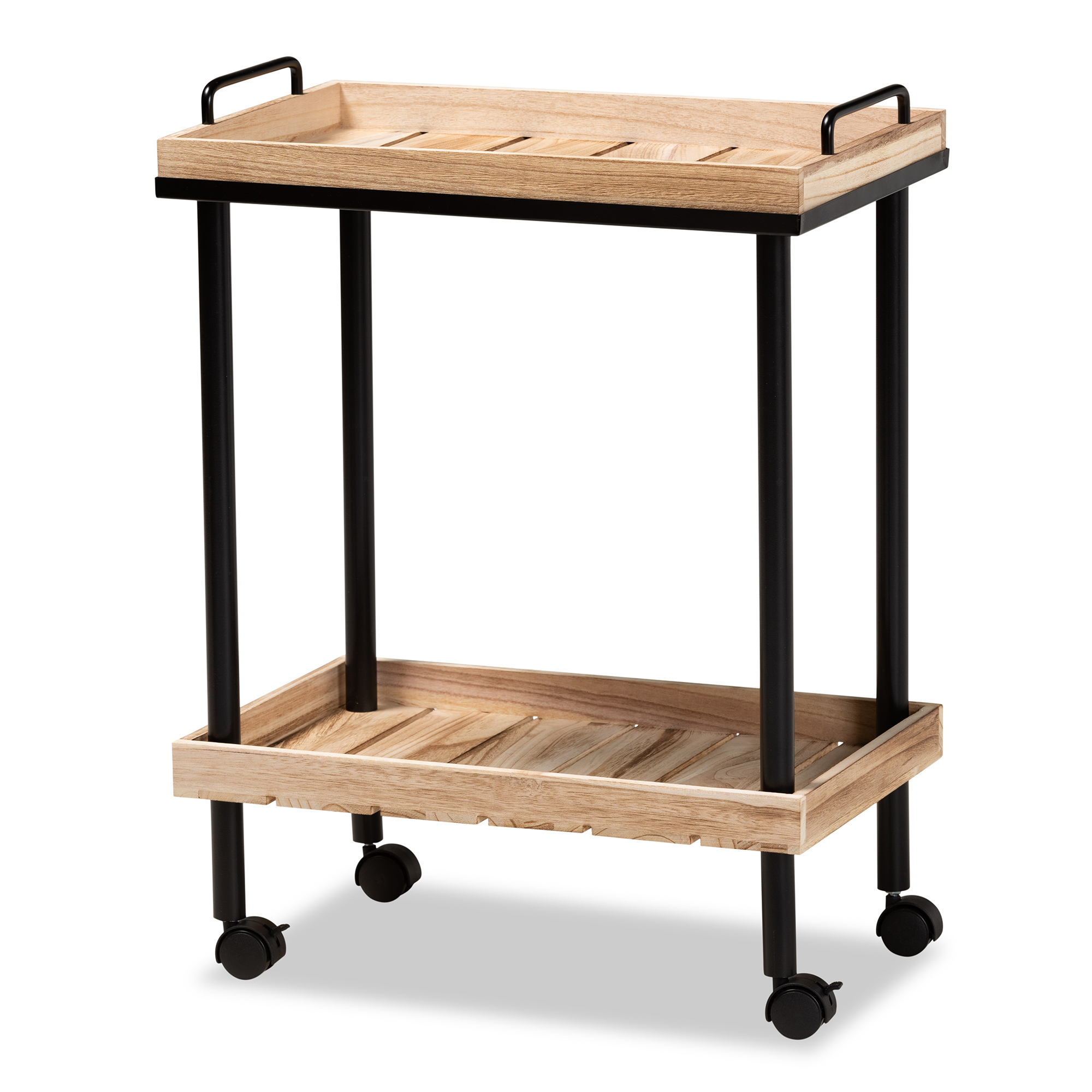 Baxton Studio Olinda Modern and Contemporary Oak Brown Finished Wood and Black Metal Kitchen Cart Affordable modern furniture in Chicago, classic dining room furniture, modern kitchen cart, cheap kitchen cart